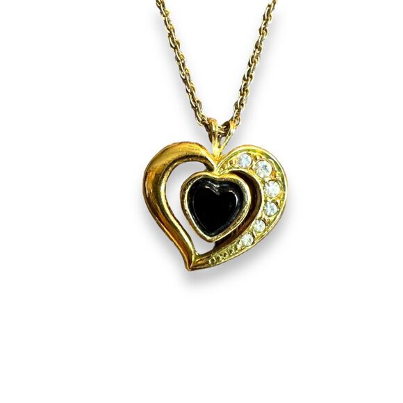 Vintage Avon Womens Heart Pedant Necklace Parure Onyx and Rhinestone Gold Black - Picture 1 of 12